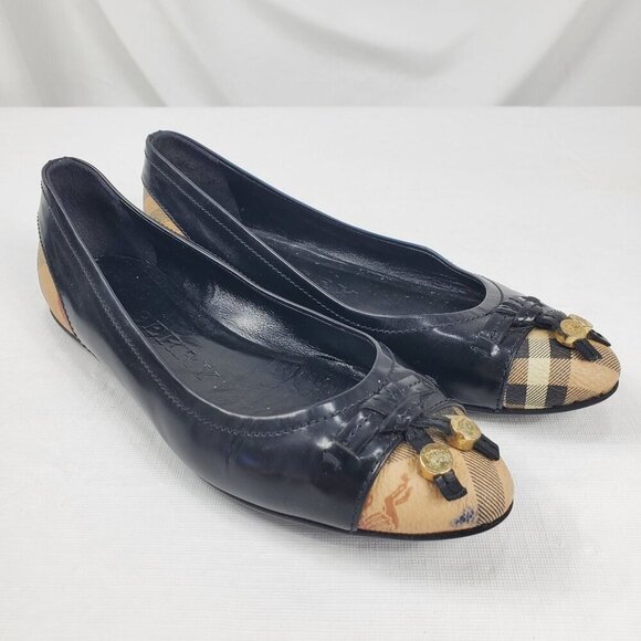 Burberry Women's Black Ballet Flats Leather Plaid Almond Toe Slip-On Size 36.5 - Picture 1 of 16